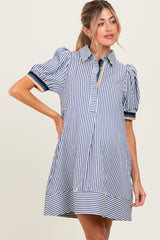 Navy Blue Striped Puff Sleeve Maternity Mini Shirt Dress