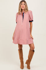 Rust Striped Puff Sleeve Maternity Mini Shirt Dress