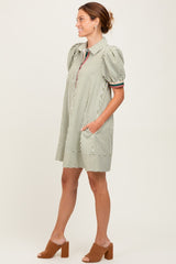 Light Olive Striped Puff Sleeve Mini Shirt Dress