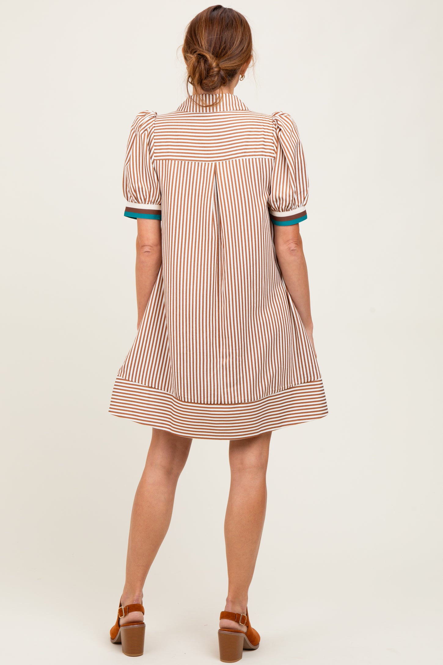 Camel Striped Puff Sleeve Mini Shirt Dress