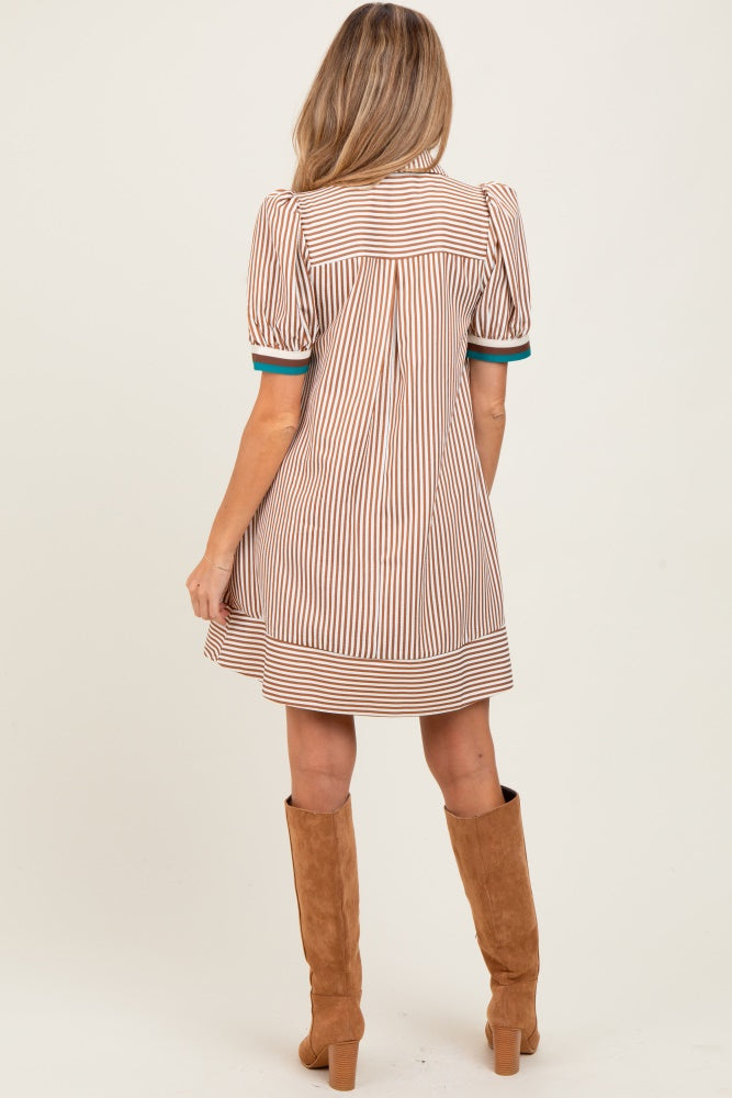 Camel Striped Puff Sleeve Maternity Mini Shirt Dress