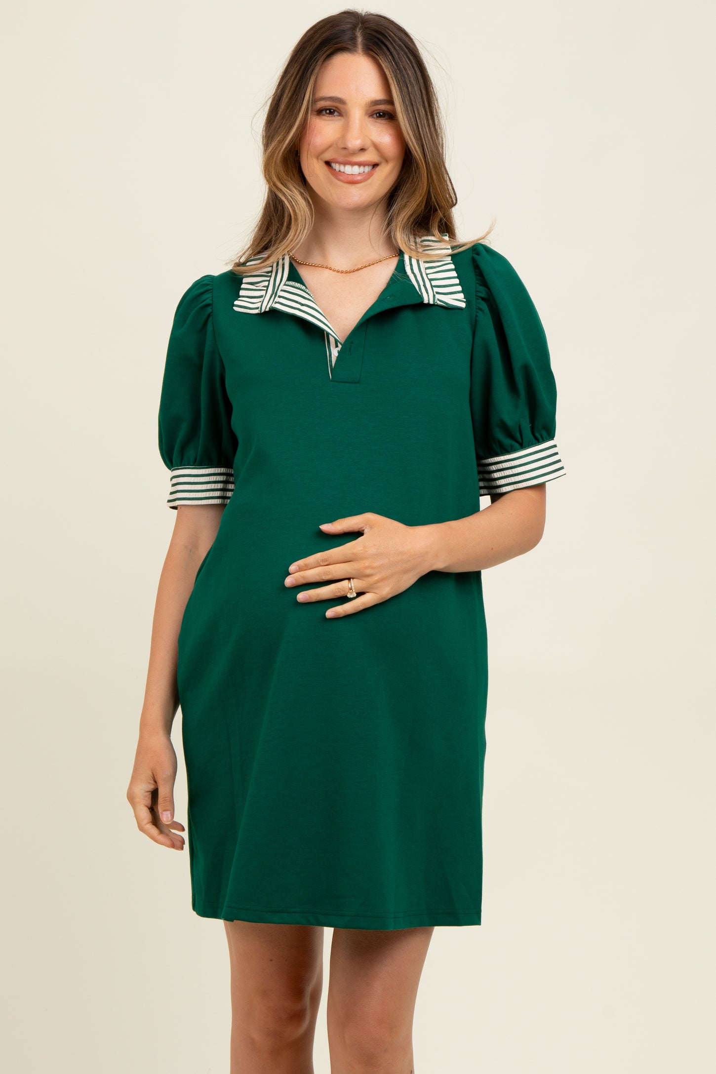 Forest Green Mock Neck Contrast Striped Trim Maternity Mini Dress