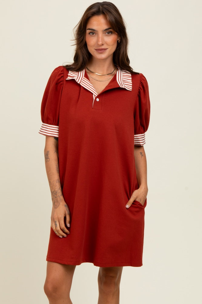 Rust Mock Neck Contrast Striped Trim Mini Dress