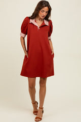 Rust Mock Neck Contrast Striped Trim Mini Dress