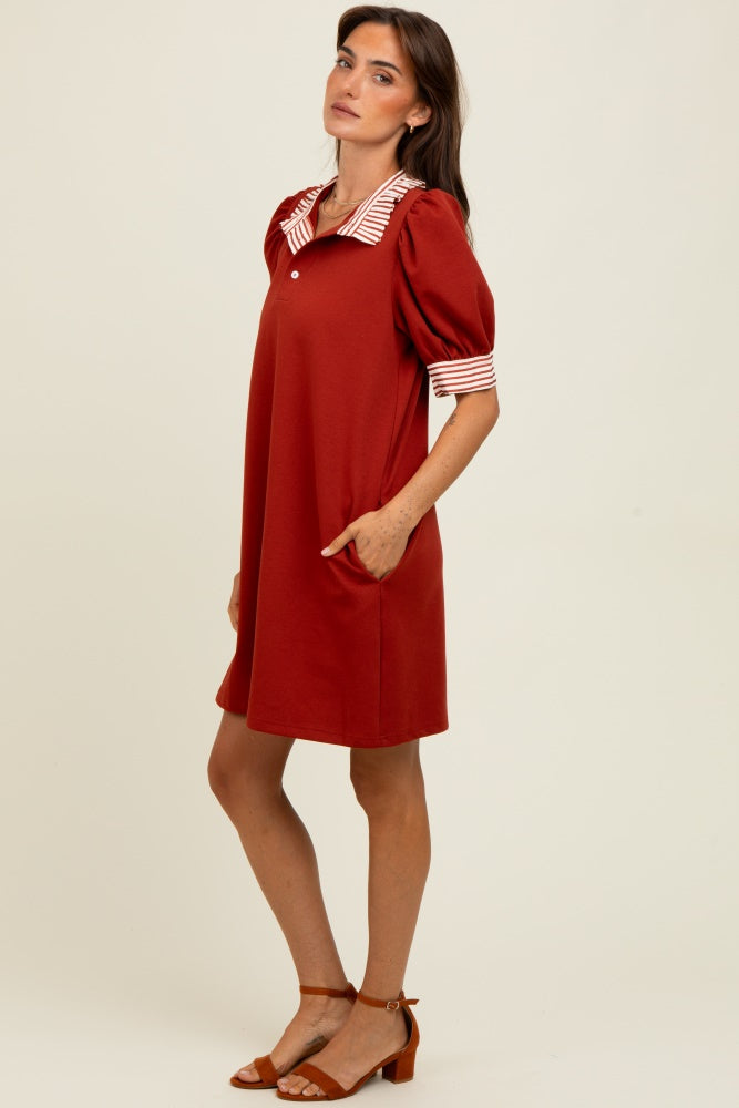 Rust Mock Neck Contrast Striped Trim Mini Dress