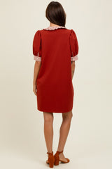 Rust Mock Neck Contrast Striped Trim Mini Dress