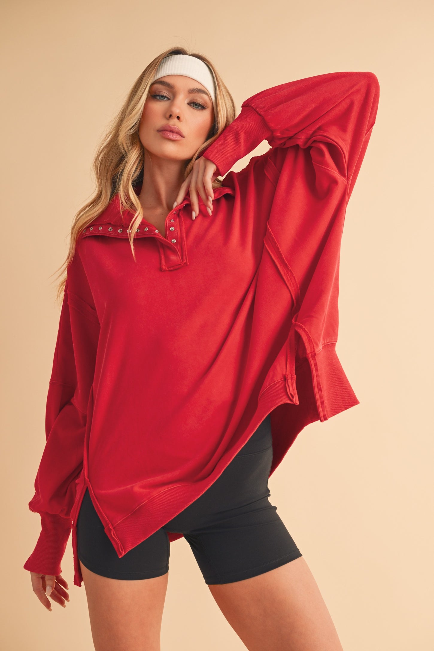 Red Snap Button Pullover Henley Sweatshirt
