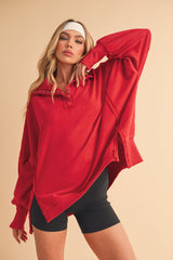 Red Snap Button Pullover Henley Sweatshirt