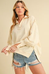 Cream Snap Button Pullover Henley Sweatshirt