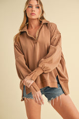 Mocha Snap Button Pullover Henley Sweatshirt