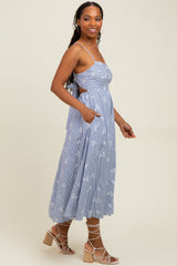 Blue Striped Embroidered Tie Back Cutout Midi Dress