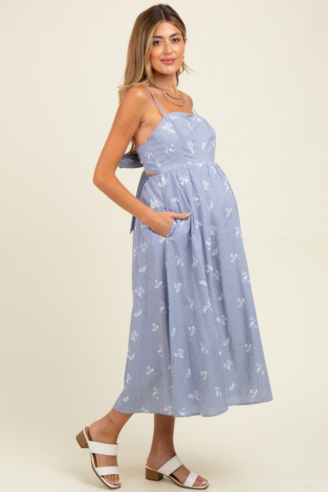 Blue Striped Embroidered Tie Back Cutout Maternity Midi Dress