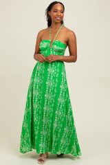 Green Floral Halter Tie Back Cutout Maxi Dress