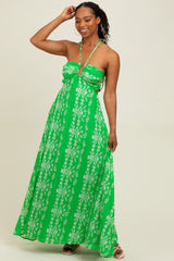 Green Floral Halter Tie Back Cutout Maxi Dress