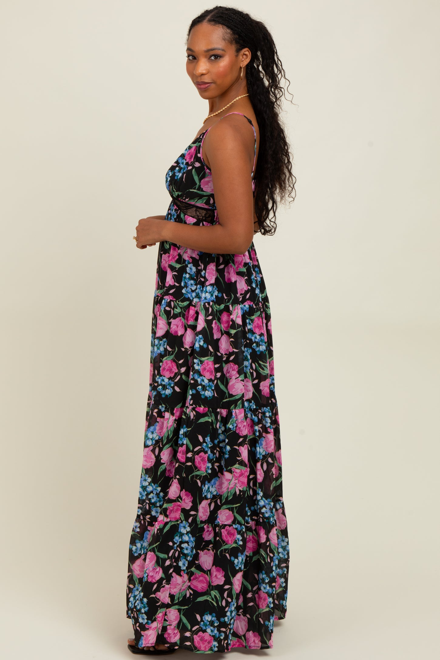 Black Floral Lace Inset Tiered Maxi Dress