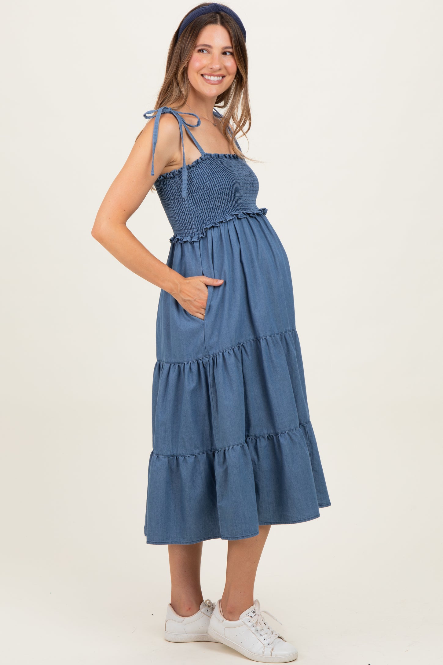Blue Vintage Wash Denim Smocked Maternity Dress