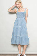 Light Blue Vintage Wash Denim Smocked Dress