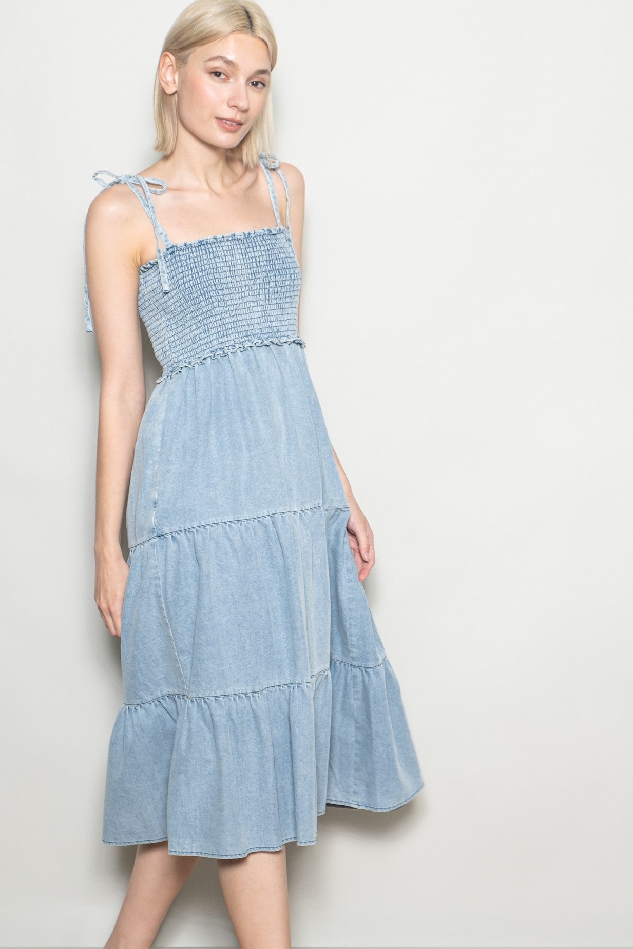 Light Blue Vintage Wash Denim Smocked Dress