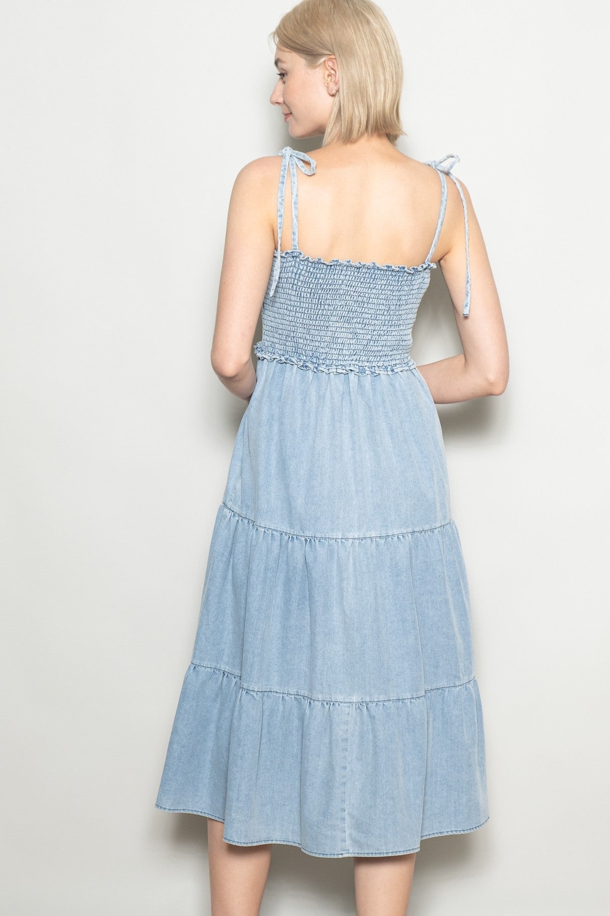 Light Blue Vintage Wash Denim Smocked Dress