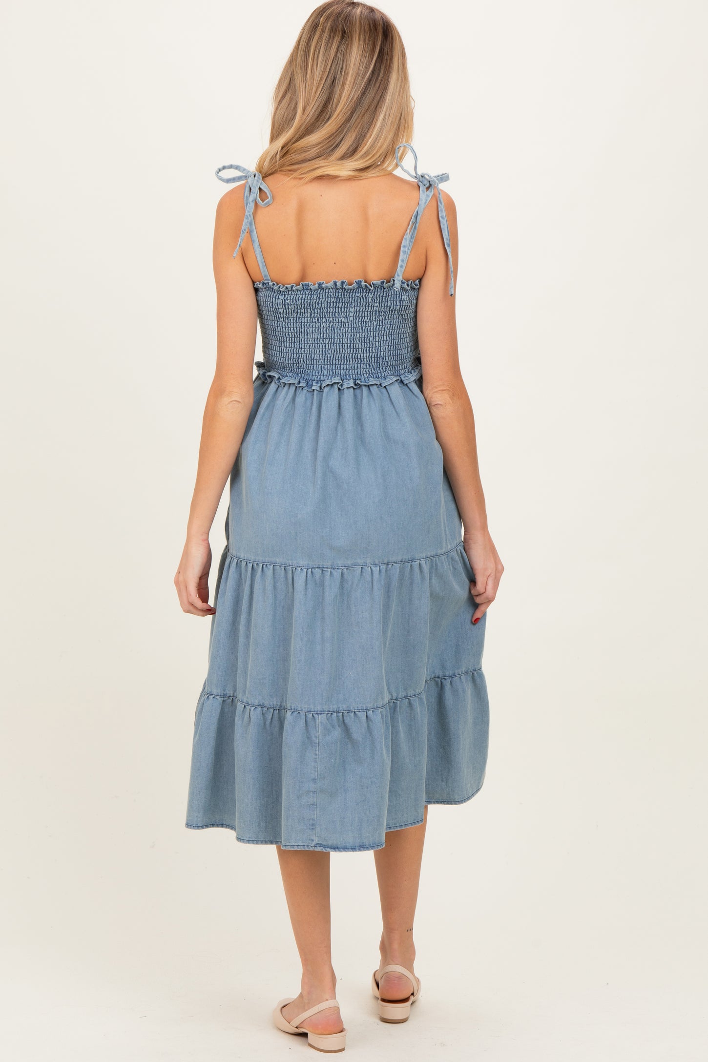 Light Blue Vintage Wash Denim Smocked Maternity Dress