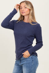 Navy Ribbed Knit Long Sleeve Top