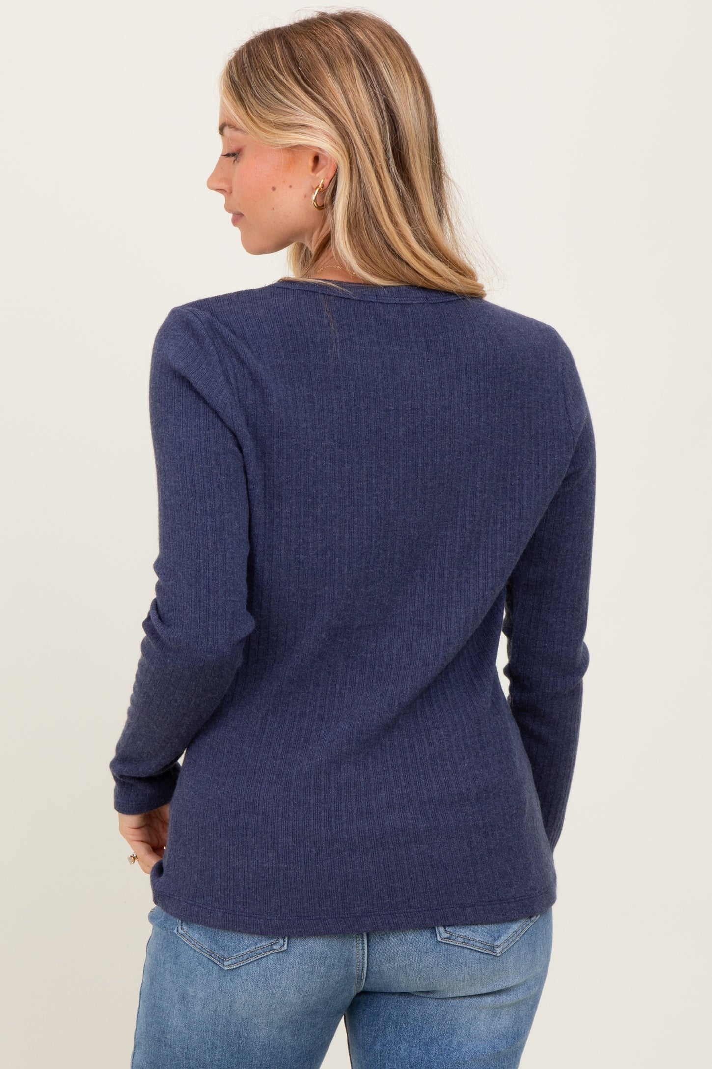 Navy Ribbed Knit Long Sleeve Top