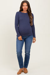 Navy Ribbed Knit Maternity Long Sleeve Top