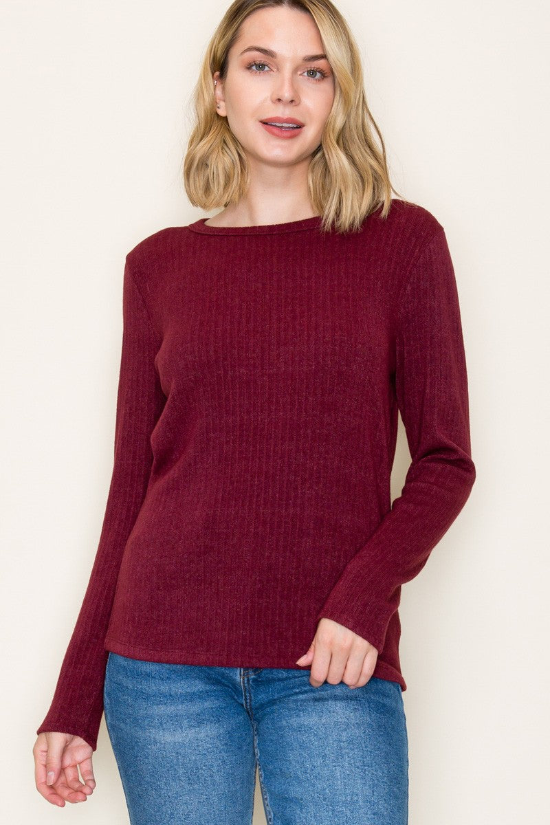 Burgundy Ribbed Knit Long Sleeve Top