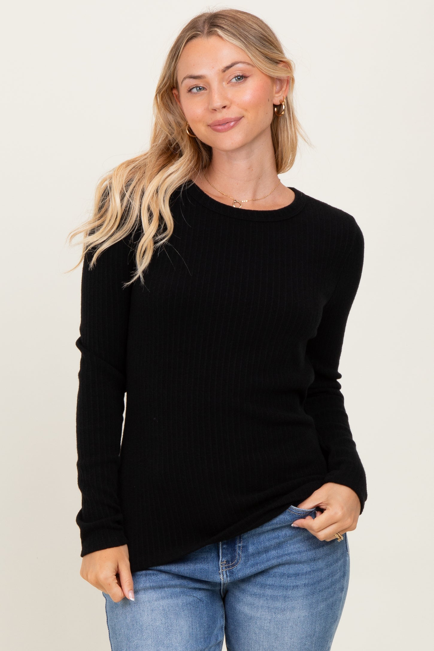 Black Ribbed Knit Long Sleeve Top