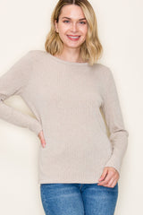 Beige Ribbed Knit Long Sleeve Top
