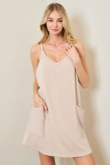 Beige Textured Rib Side Pocket Romper Dress