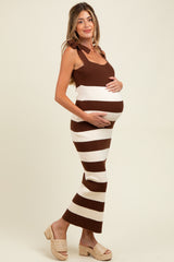 Brown Striped Knit Shoulder Tie Maternity Maxi Dress
