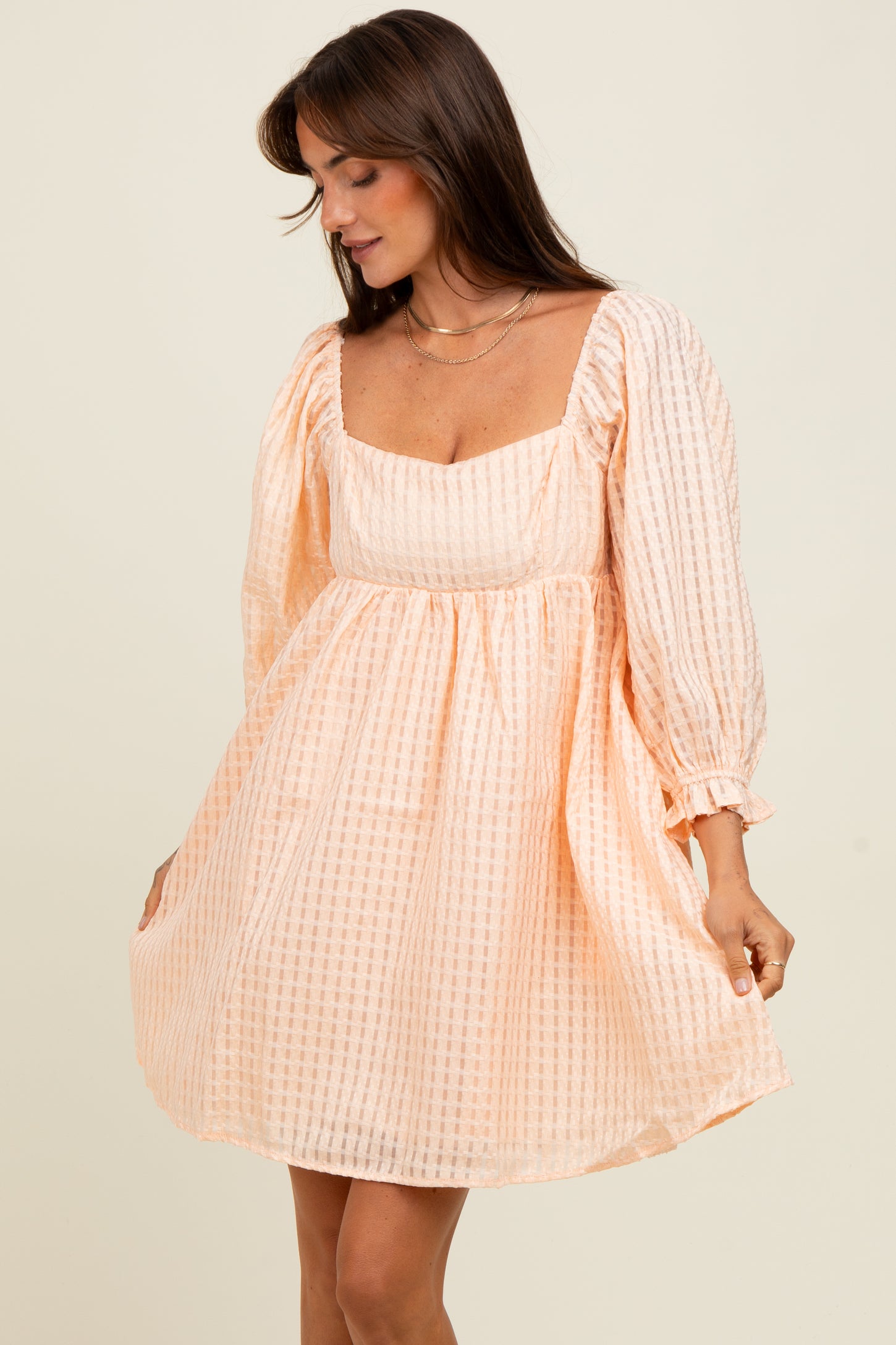 Peach Plaid Overlay Bubble Sleeve Dress