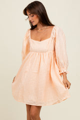 Peach Plaid Overlay Bubble Sleeve Maternity Dress