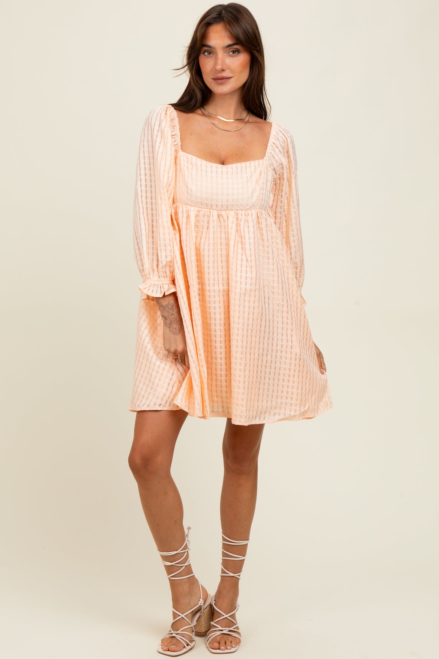 Peach Plaid Overlay Bubble Sleeve Dress