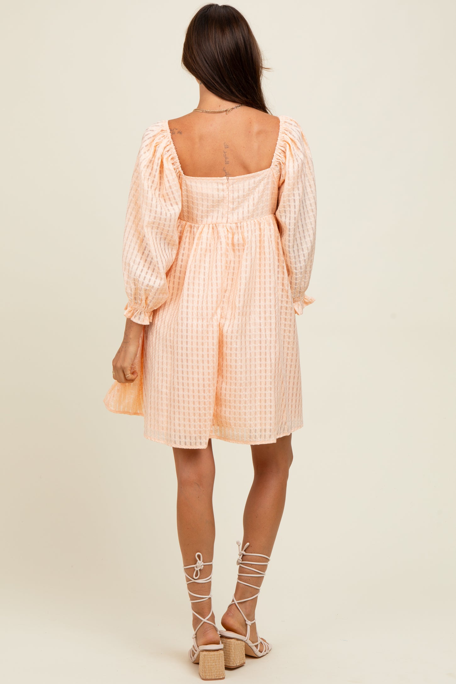 Peach Plaid Overlay Bubble Sleeve Dress