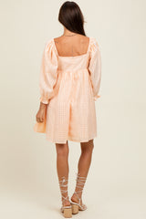 Peach Plaid Overlay Bubble Sleeve Dress