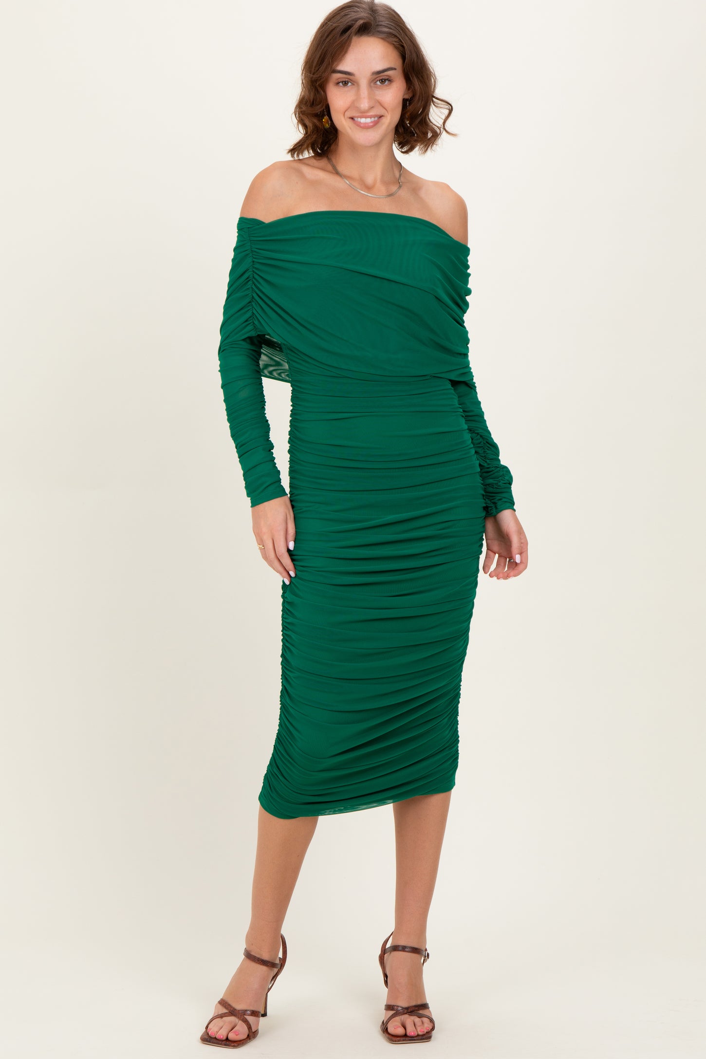 Forest Green Ruched Mesh Off Shoulder Long Sleeve Midi Dress
