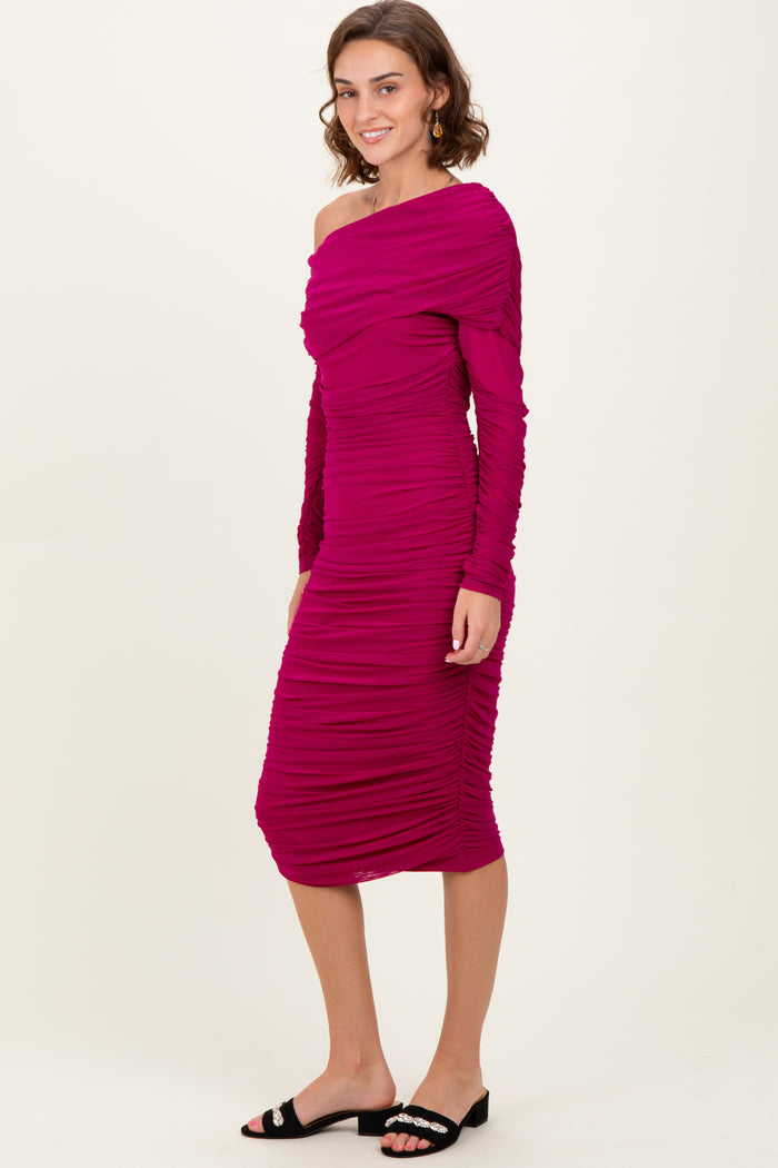 Magenta Ruched Mesh Off Shoulder Long Sleeve Maternity Midi Dress