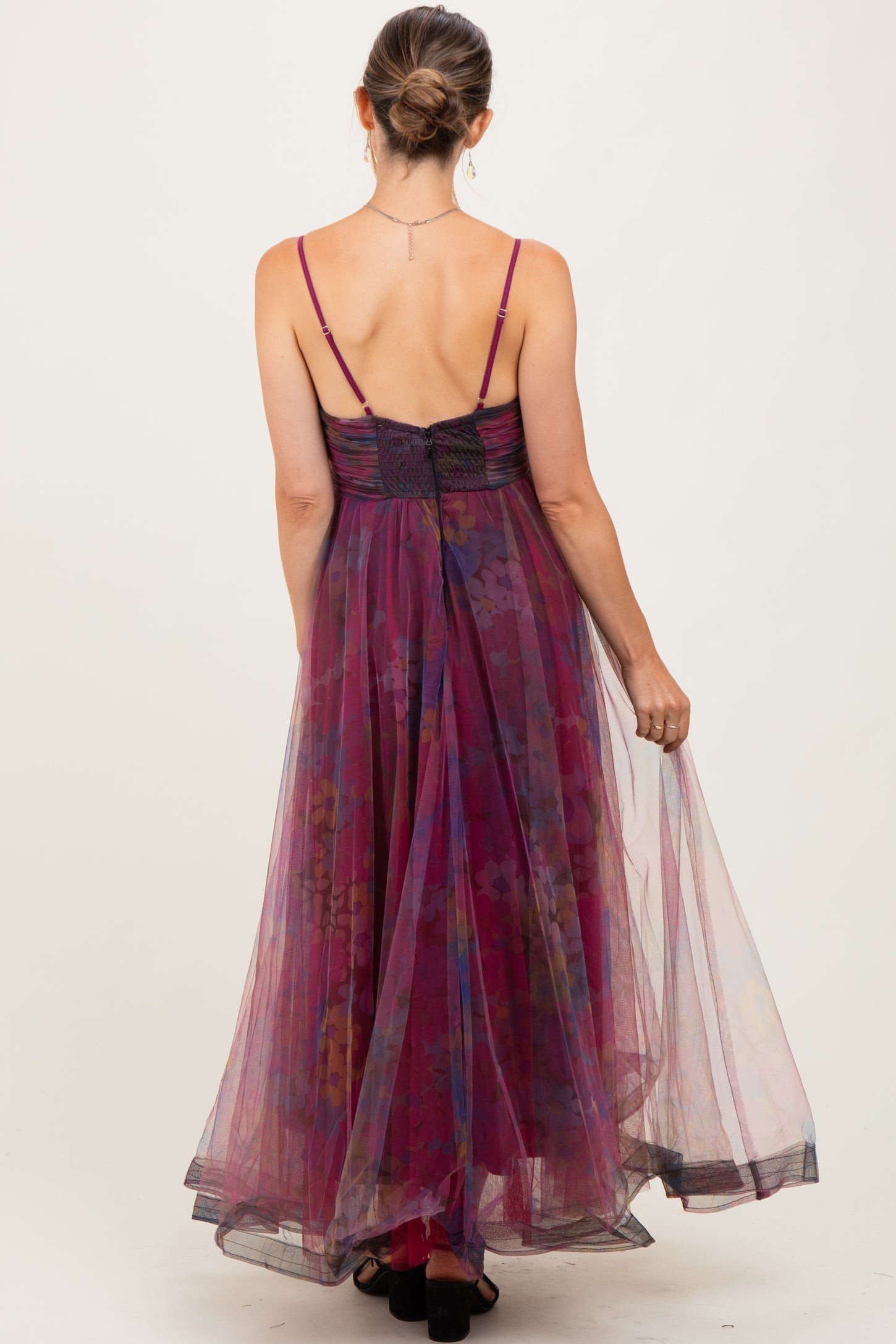 Magenta Floral Mesh Tulle Overlay Maternity Maxi Dress