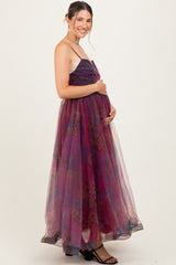 Magenta Floral Mesh Tulle Overlay Maternity Maxi Dress