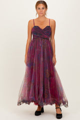 Magenta Floral Mesh Tulle Overlay Maternity Maxi Dress