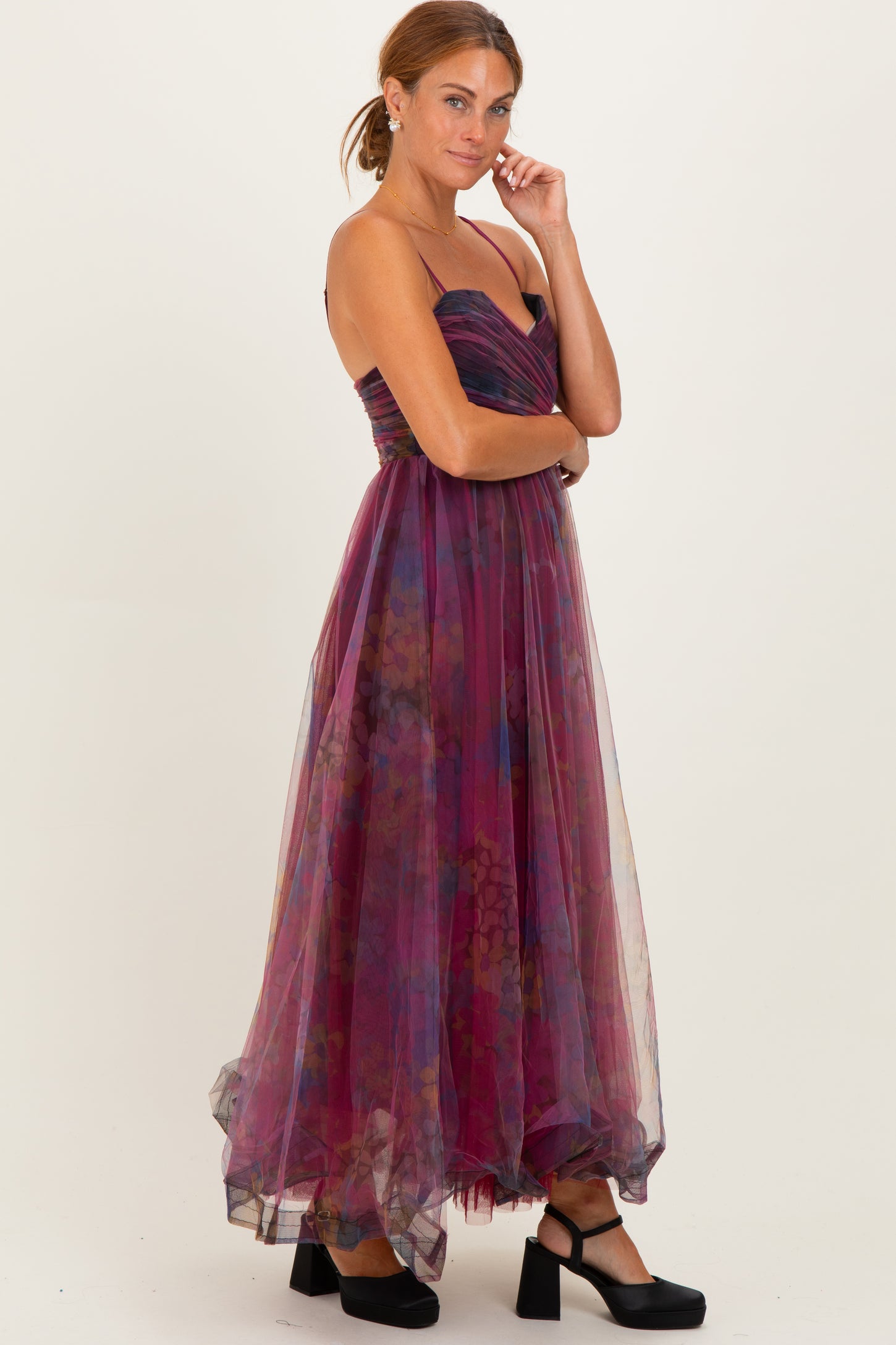 Magenta Floral Mesh Tulle Overlay Maxi Dress