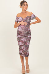 Mauve Floral Animal Print Off Shoulder Maternity Midi Dress