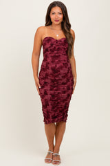 Burgundy Mesh Velvet Strapless Ruched Maternity Midi Dress
