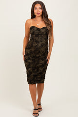 Olive Mesh Velvet Strapless Ruched Maternity Midi Dress