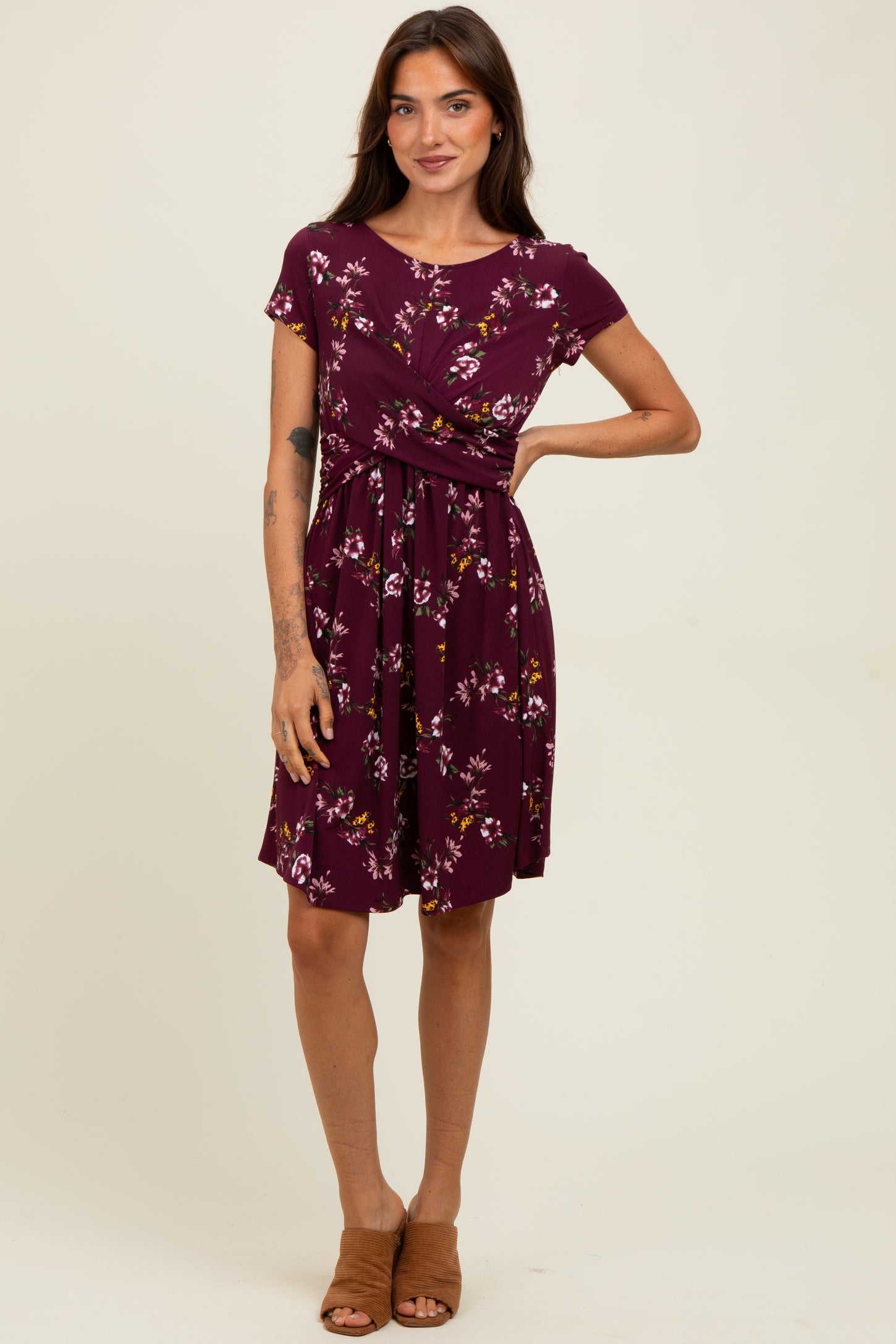 Burgundy Floral Crossover Front Dress