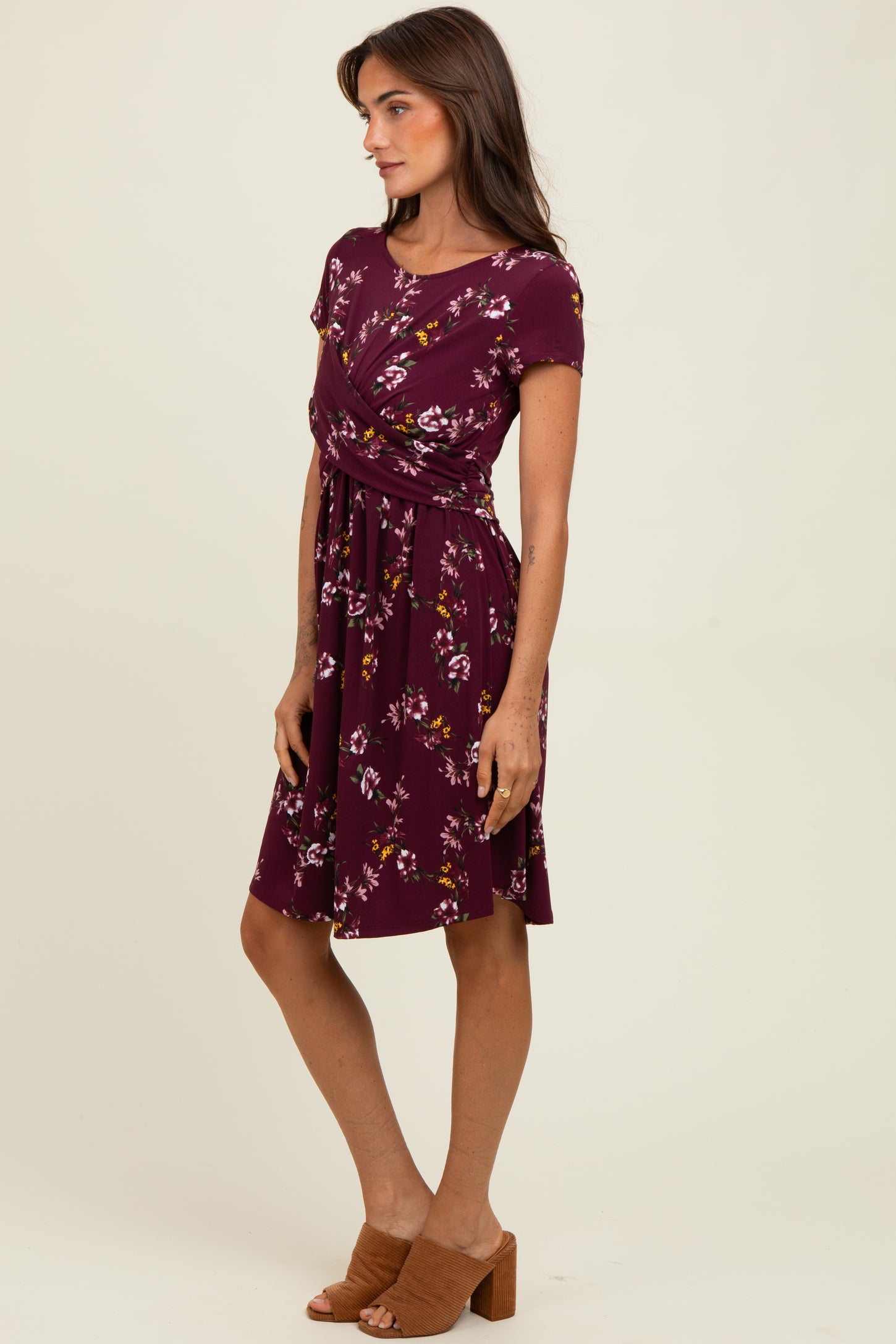 Burgundy Floral Crossover Front Dress