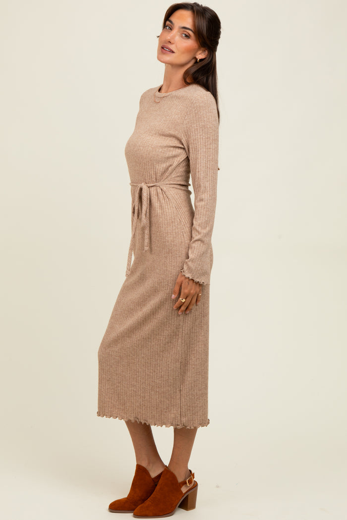 Camel Ribbed Ruffle Accent Long Sleeve Midi Dress
