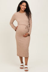 Camel Ribbed Ruffle Accent Long Sleeve Maternity Midi Dress
